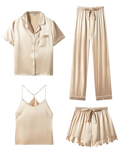 SAPJON Silk Pajamas for Women Set 4Pcs Ruffled Satin Pajamas Set Button Down Short Sleeve Cami Shorts Sleepwear Pj Set Champagne