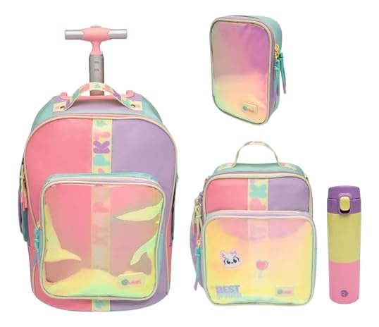 Kit Color Block Menina: Mochila C/Rodinha G + Lancheira + Estojo+ Garrafa Puket