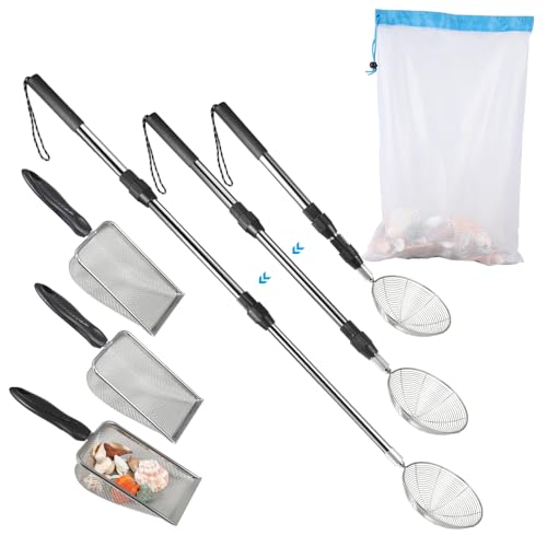 PAMISO Beach Sand Sifter, 3 Beach Sifting Sand Telescoping Pole Sets with Scoops, Baskets, Mesh Bag, for Picking Up Shells Shovels Shark Teeth