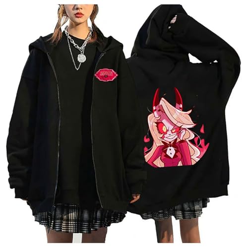 TJOS Hazbin Hotel Sweat à capuche zippé doublé en polaire avec imprimé animé, noir, vêtement d'extérieur décontracté à manches longues unisexe, Noir-6, M