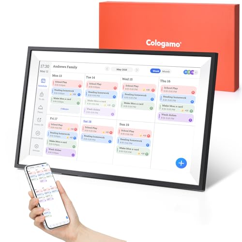 15.6-inch ApoloSign Digital Calendar with touchscreen display, showcasing family schedule and task management interface, alongside a smartphone for remote access.