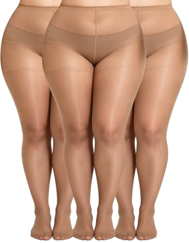 Image of MERYLURE Plus Size Sheer Tights for Women,20D Control Top Pantyhose Reinforced Toes High Waist Stockings 3 Pairs 1XL-6XL