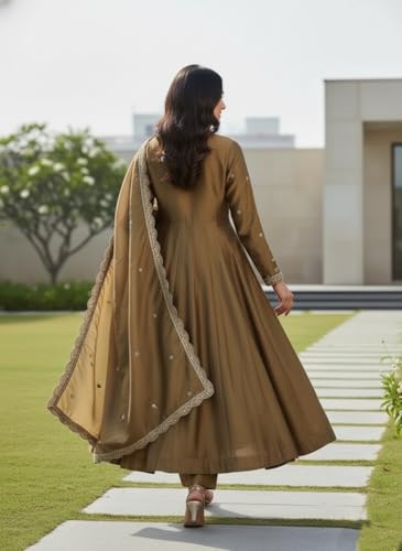 Image of Yashika Women's Silk Blend Embroidered Anarkali Kurta Set with Dupatta | Full Length Ethnic Wear for Women | Wedding