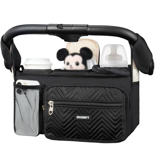 Image of ZIOZERTT Universal Stroller Organizer with Insulated Cup Holder,Stroller Caddy Bag with Wet Wipes Pocket,Stroller Accessories Fits for Uppababy,Doona,Jogger,Britax,Mompush,BoB Strollers,Black