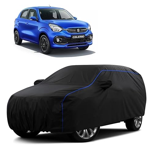 Image of Sulfar 100% Water Resistant Car Body Cover Compatible with Mirror for Maruti Suzuki Celerio (Triple Stitched, Full Bottom Elastic, Black Tafetta with Blue Piping)
