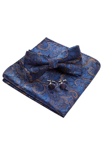 Image of HISDERN Bow Ties for Men Pre-Tied Bow Tie Floral Paisley Handkerchief Classic Formal Bowtie and Pocket Square Cufflinks Set