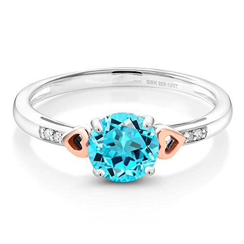 Gem Stone King 925 Sterling Silver and 10K Rose Gold Round Swiss Blue Topaz with Diamond Accent Engagement Ring For Women (1.41 Cttw, Gemstone Birthstone, Available In Size 5, 6, 7, 8, 9)2