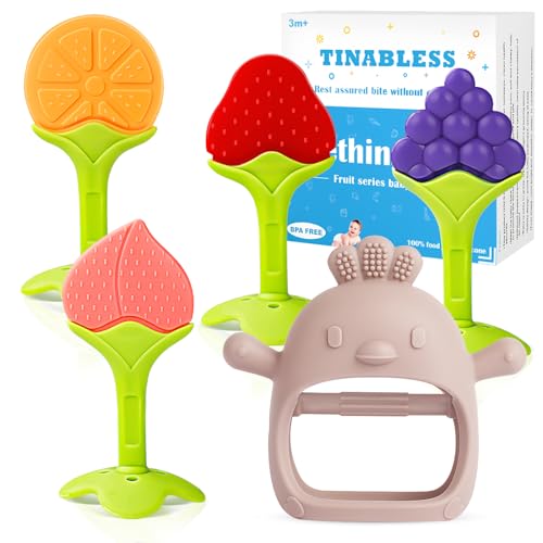 Image of Teething Toys (5 Pack) - Tinabless Infant Teething Relief Toys&Teething Mitten Set, Food Grade Silicone Anti Dropping Wrist Hand Teethers Baby Chew Toys for Sucking Needs, Silicone Baby Teethers(Pink)