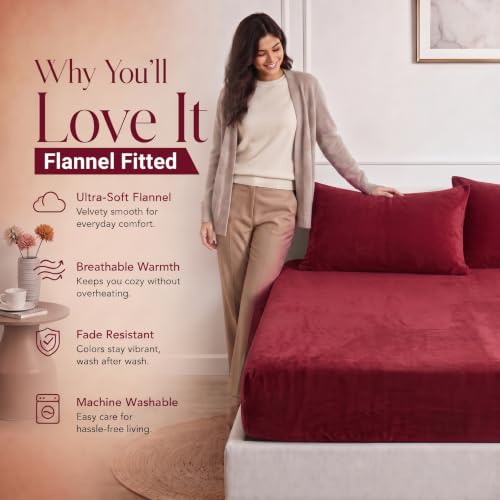 Image of BSB HOME 280 GSM Warm Plush Fitted Bedsheet, Soft Cozy Stretchable Mattress Sheet with Elastic Fitted Corners, Comfortable Winter Bedding for Double Bed, 72 x 78 + 8 Inches(183x198+20 cm) - Wine Red