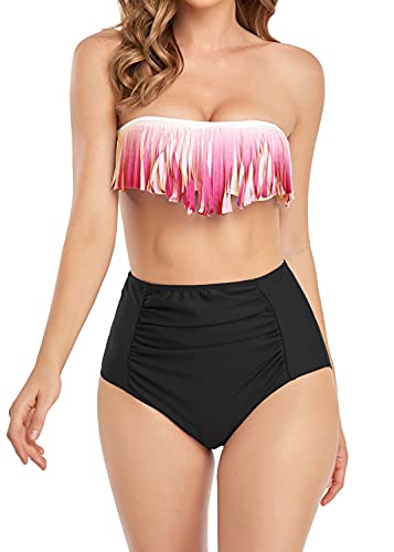 Derssity Ensemble Deux Piece Femme été Bandeau Maillots de Bain Femme Bikini Bandeau 2 Pièces Vintage Taille Haute Bas de Bikini(Red,L) Cover