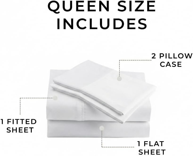 Peru Pima 415 Thread Count Percale Queen Sheet Set - 100% Peruvian Pima Cotton, 4 Piece (Flat, Fitted, 2 Pillowcases) - Cooling, Crisp, Deep Pocket, Hotel Quality Bedding - White