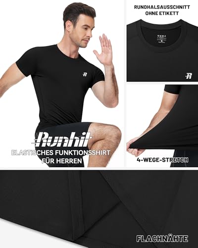 Runhit 1 Pack Kompressionsshirt Herren, Klassisches Funktionsshirt Kurzarm, Atmungsaktives Compression T-Shirt für Fitness, Gym & Laufen – Schwarz M