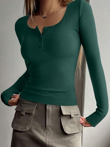 REORIA Women's 2025 Fall Long Sleeve Henley T Shirts Button Ribbed Knit Slim Fit Casual Basic Tops Blouse Forest Green Small — view 6