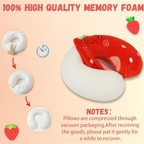 MissSoul Kids Neck Pillow for Travel with Sleep Eye Mask, Cute Travel Neck Pillow, Memory Foam Flight Sleeping Headrest Pillow for Boys & Girls, Airplane, Train, Car, Home Use - Red Strawberry by MissSoul - Used condition - Image 4