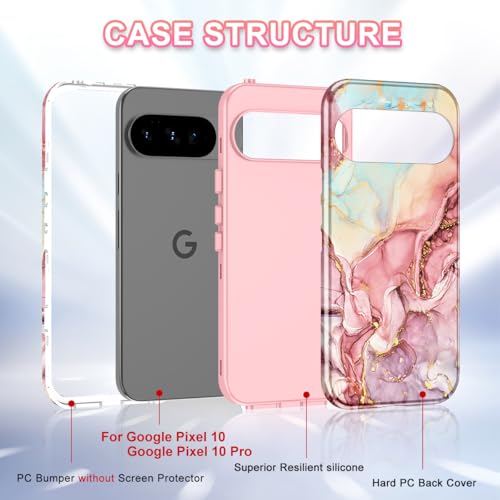 Btscase for Google Pixel 10 Pro Case/Pixel 10 Case 2025 [Military Grade Shockproof] Stylish Marble Pattern Slim Protective 3 Layers Hard PC+Soft Silicone Rugged Women Men Anti-Scratch Cover, Rose Gold - image 2