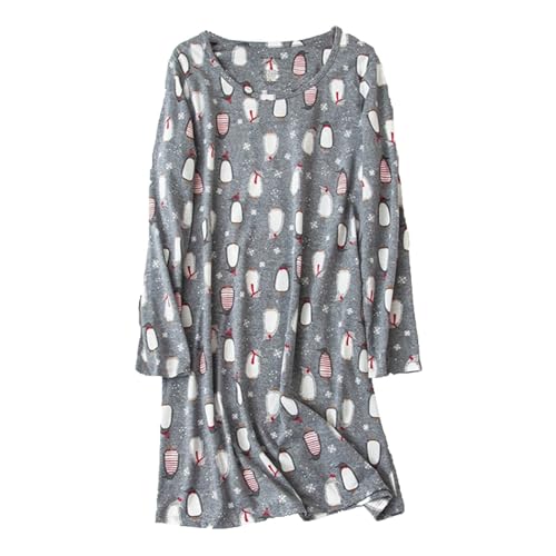 Generisch Camisón de mujer de franela para mujer, camisón de algodón, manga larga, estampado casual, vestido de dormir con tirantes, gris, XL
