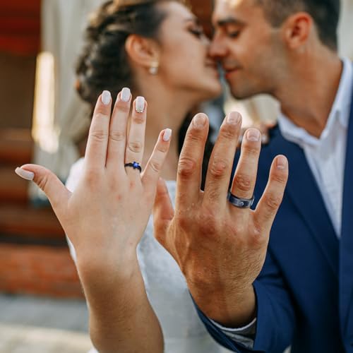 Hisatan Promise Rings for Couples, Promise Rings for Her or Him, Matching Couple Rings, Couple Rings Set, Stainless Steel Blue Zirconia Rings for Women & Tungsten Rings for Men