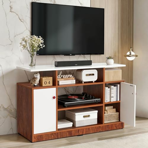 Image of ABOUT SPACE TV Unit - Engineered Wooden TV Stand with Adjustable Shelf Storage Cabinet with Door for Console, Home Theatre for Living Room - DIY Entertainment Unit for 32-50 Inch - White & Oak Red