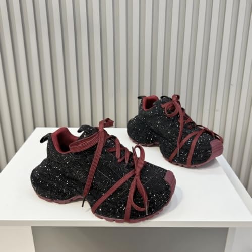 Women Chunky Sneakers, Full Rhinestone Dad Shoes, Thick Sole Height Increasing Bow Tie Straps Girls Shining Footwear 6