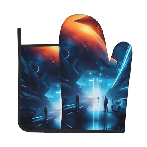 QWVBN Science Fiction Future Kitchen Baking Set (guantes resistentes al calor + salvamanteles), fácil de limpiar, ideal para hornear y cocinar
