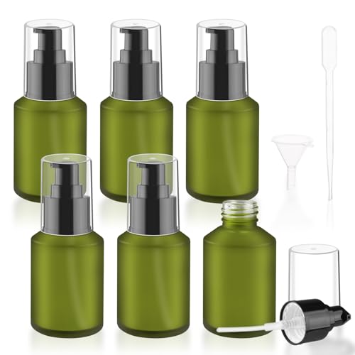 DynnnDy 6Pcs 60ml/2oz Green Frosted Glass Lotion Pump Bottles Empty Liquid Foundation Jar Travel Toiletries Containers Cmosmetic Dispenser Vials for Cream Gel Essencial Oil,1 Pipette,1 Funnel