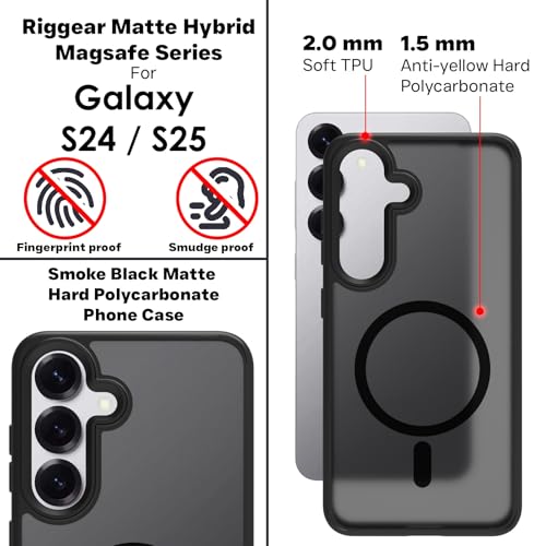 Image of RIGGEAR Shockproof Sleek Hybrid Armor Magnetic Back Cover Case Compatible with MagSafe Accessories for Samsung Galaxy S24 / S25 (Smoke Black Matte PC + Black TPU Bumper)