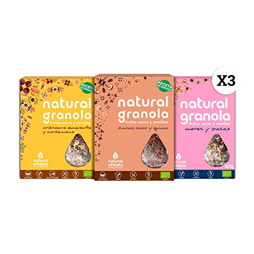 Granola Natural Athlete, Frutos Secos y Semillas, Sin Azúcar Refinado, Sin Gluten, Sin Cereales, Vegana, 3 Sabores-Pack 3x325