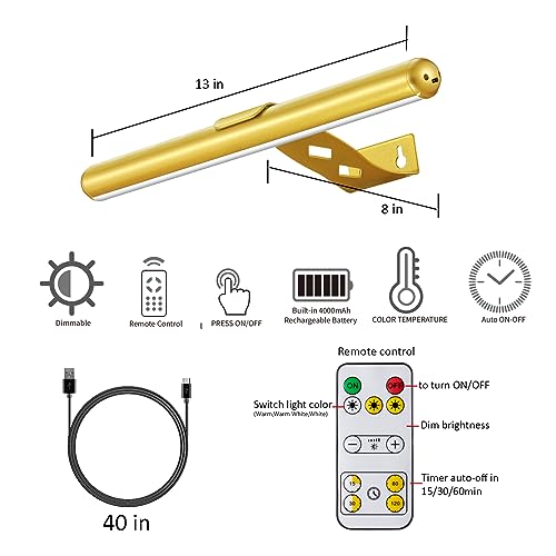 Image of Wireless Picture Light Battery Operated,Rechargeable Painting Light with Remote Control, Metal Art Light Dimmable Display Lamp,3 Modes with Timer for Frame Dartboard Gallery,300LM, Gold