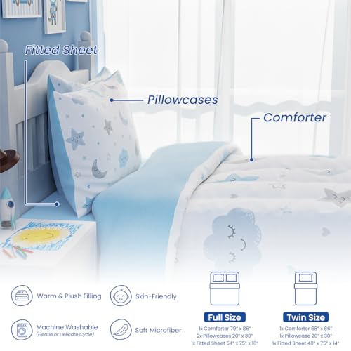 Image of SANDJEST Star and Moon Comforter Set Twin Size 68x86in for Kids Boys Girls Unisex, Microfiber 3 Pcs Bedding Set Includes 1 Comforter, 1 Pillowcase, 1 Fitted Sheet, Nursery Room Decor