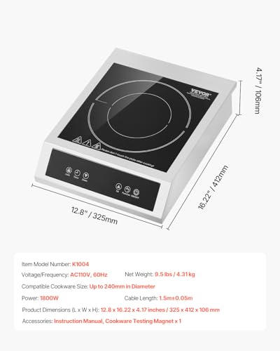 Image of VEVOR Portable Commercial Cooktop, 1800W Induction Burner with 9 Temperature Settings, Stainless Steel Countertop Induction Hot Plate with 3H Timer, Child Lock, for Restaurant Cooking