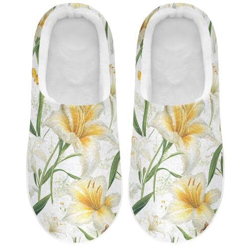 JUNZAN Sweet Daylily White Women Cotton Slippers Wide Memory Foam Mens Slippers for Travel Birthday Presents 6-7