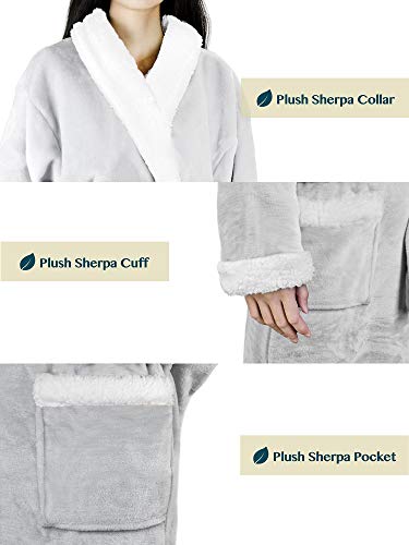 Image of PAVILIA Women's Plush Fleece Robe, Soft Cozy Long Bathrobe with Satin Waffle Trim, Warm Lightweight, Pockets & Tie Belt