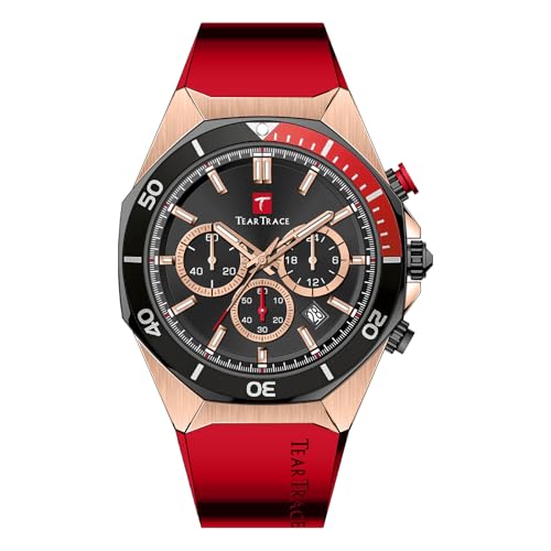 TEARTRACE Mens Red Watches for Men Waterproof Quartz Chronograph Stopwatch Analog Sports Water Resistant 43MM Big Face Silicone Bracelet Male Wristwatch, Red