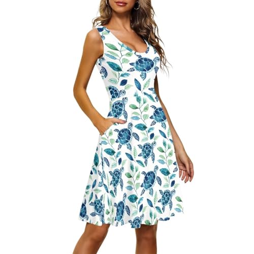 Image of Women's Casual Loose Sundress Midi Sleeveless Crewneck Dress Summer Beach Tank Dress with Pockets