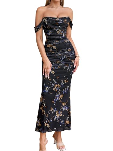 KUTUMAI Off The Shoulder Maxi Long Dress Corset Ruched Bodycon