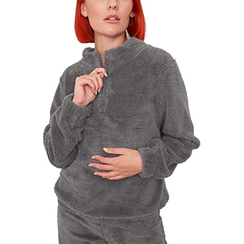 OHS Teddy Fleece Long Sleeve Teddy Fleece Hoodie Half-Zip Plush High Collar Sweatshirt Comfy Loungewear, Warm Grey - Large 14/16 Cover
