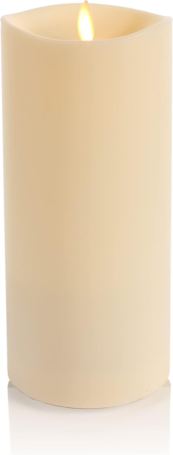 Luminara Outdoor Flameless LED Ivory Candle Melted Edge 3.75" x 9" Real Moving Flame Battery Operated Timer Plastic Weather-Resistant