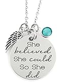 GLAM - 'SHE BELIEVED SHE COULD SO SHE DID' Inspirational Positive Message Mantra Pendant Angel Bird Wing Charm Necklace (Aqua Blue)