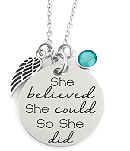 ''She Believed She Could So She Did'' Inspirational Mantra Sayings Quote Pendant Charm Necklace, Jewelry Gift Valentines Day Graduation Presents for Daughter, Granddaughter, Girls Teens Women (Teal Blue)