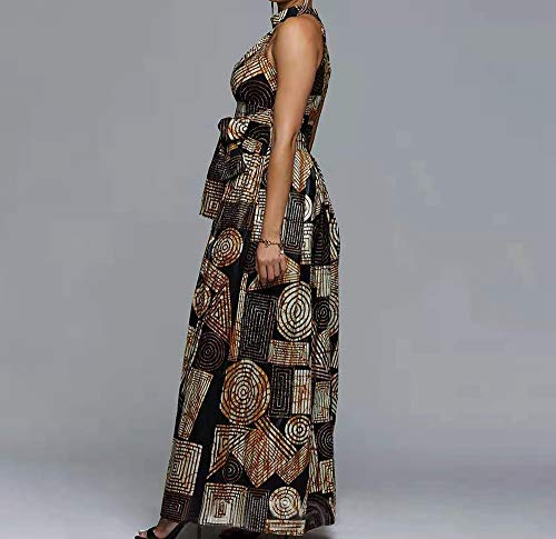 VERWIN Floor Length Lace-Up High Waist Stand Collar Sleeveless Women's Maxi Dress Print Dress Brown3