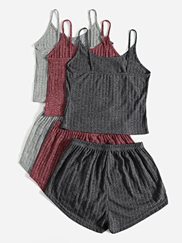 Shein Women's 3 Sets Rib Knit Lounge Set Crop Cami Top And Tie Front Shorts Sleepwear Pajama Set Solid Multicolor Small #TOP1