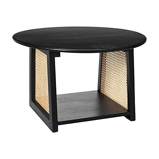 Creative Co-Op Mango Wood with Woven Cane Transitional Living Room Accent Black Finish Coffee Table
