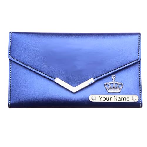 Image of Personalized Leather Clutch for Women | Custom Name & Charm | 3-Fold Ladies Wallet | Stylish Purse Gift for Girlfriend, Wife, Mother & Sister | Multi-Compartment Wallet (Blue)