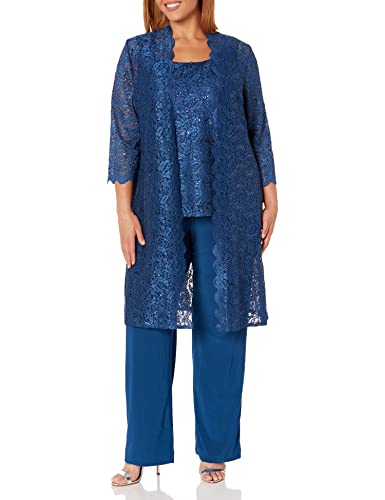 Image of R&M Richards Women's 3-Piece Scallop Glitter Lace Duster Pant Set for Mother of the Bride, Wedding Guest, Cocktail Attire