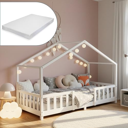 [en.casa] Kinderbett Treviolo mit Matratze 80 x 160 cm Hausbett Holzbett für Kinder mit Rausfallschutz Montessori Bettgestell mit Lattenrost Spielbett Kiefernholz Weiß