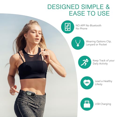 ORIA 3D Pedometer for Walking, Rechargeable Step Counter for Walking, Clip on Pedometer with Backlight, Lanyard, Simple Step Tracker for Men Women Teens Seniors