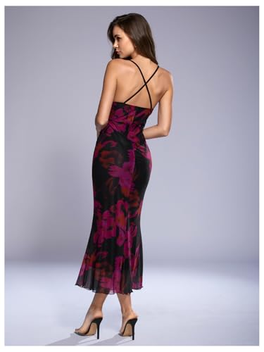 Image of SOLY HUX Women's Floral Mesh Bodycon Cami Dress Cowl Neck Sleeveless Cocktail Party Wedding Guest Long Maxi Dresses