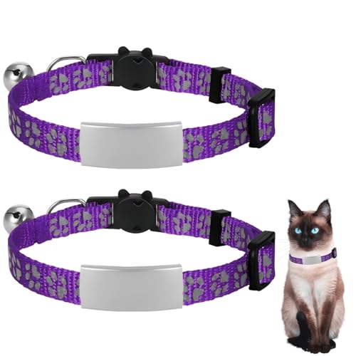 Paquete de 2 collares de gato de nailon reflectante personalizable, collares de seguridad para gatos con etiqueta de nombre y campana, collar de gato de liberación rápida, suministros para mascotas
