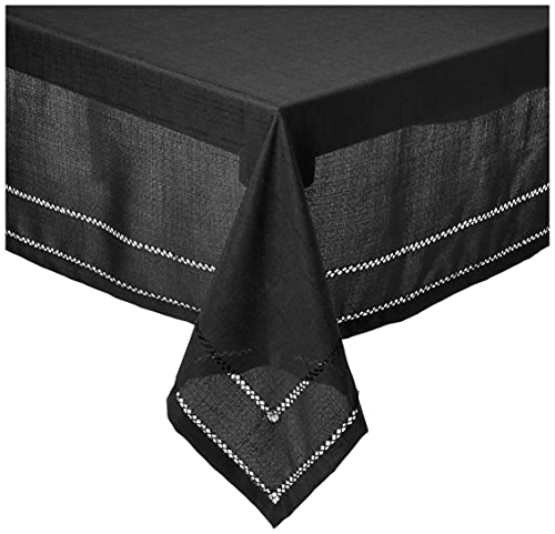 Violet Linen Hem Stitch Border Pattern, Polyester, Water Repellent, Spill Proof, Wrinkle Free Anti-Shrink Soft Fabric, Black, 68 Inch by 108 Inch, Seats 8 to 10 People, Tablecloths