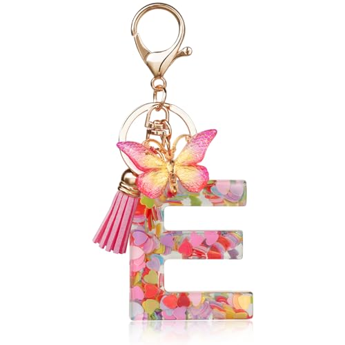 OSDUE Fashion Alphabet Initial Letter Keychain, Women Tassel Butterfly Pink Purple Cute Car Keyrin, Pink and Gold Resin Alphabet Keychain, Tassel Butterfly Pendant Key Ring for Wallet (J)